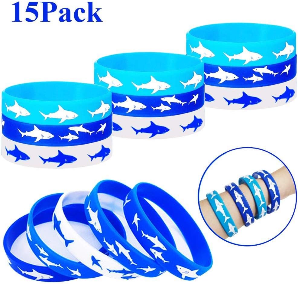 Playstyle Shark Party Favors Rubber Bracelets, Under The Sea/Baby Shark Birthday Party Supplies Gift Decorations Goodie Bag Stuffers Fillers Slicone Wristbands (15 Pcs - 3Colors)