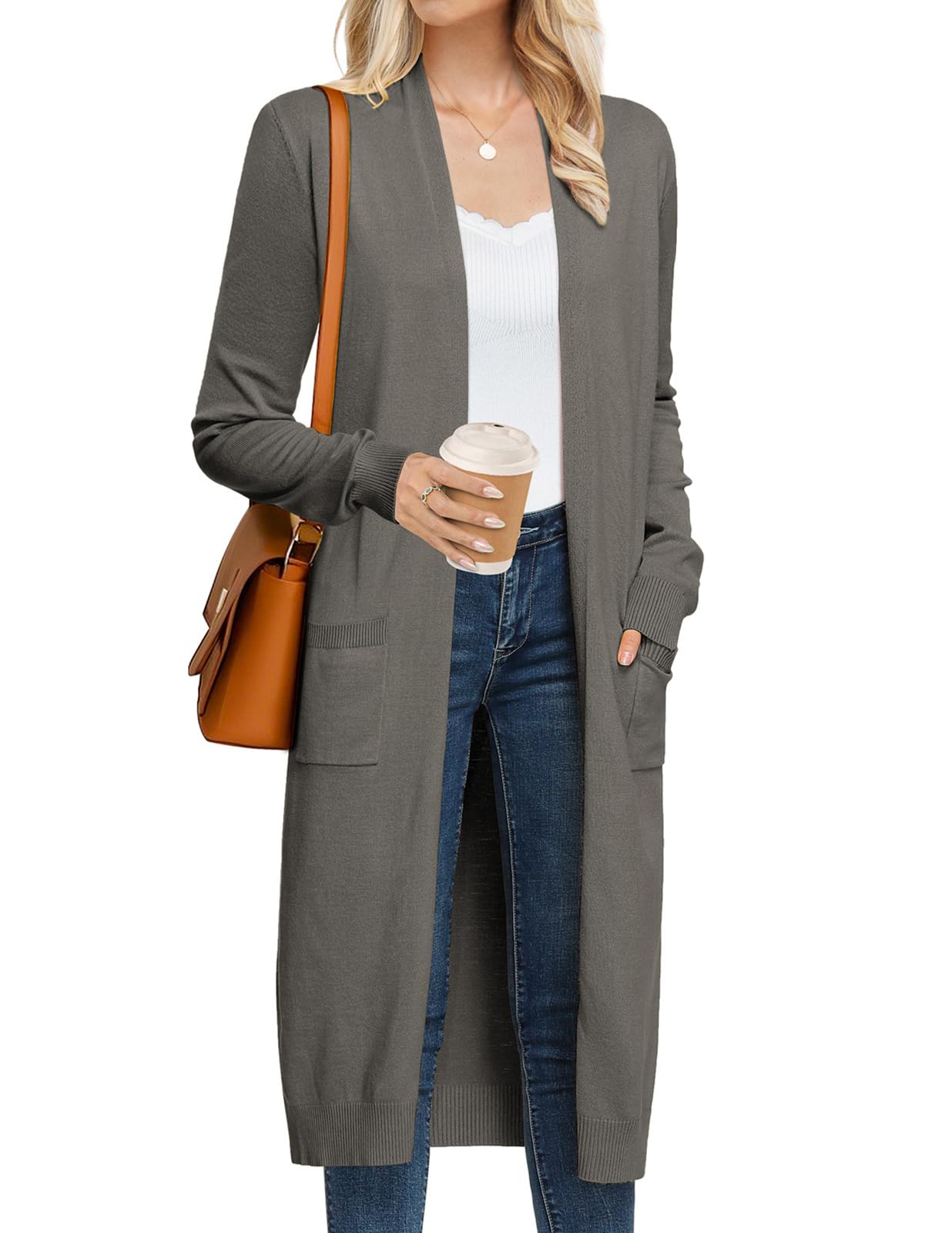 GRACE KARIN Long Cardigan Sweaters for Women, Early Fall Fashion Clothes, Long Sleeve Knit Cardigan Sweater for Women(Grey,2XL) Image