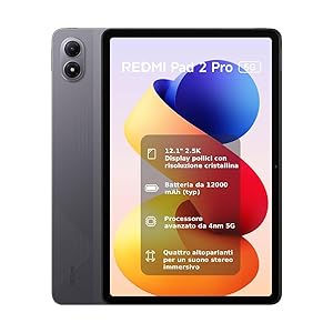 Xiaomi Redmi Pad 2 Pro 5G, 6+128GB, Display 2.5K 120Hz super nitido da 12,1″, Batteria da 12.000mAh, Processore 4nm con 5G, Dolby Atmos, Grafite Grigio, Garanzia 2 anni, Caricatore non incluso