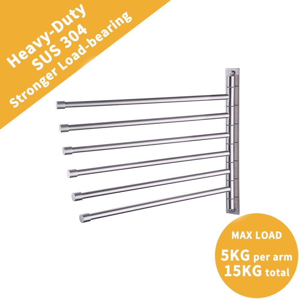 KES Swing Out Towel Bar SUS 304 Stainless Steel 6-Bar Folding Arm Swivel Hanger Bathroom Storage Organizer Rustproof Wall Mount Brushed Finish, A2102S6-2 - - 