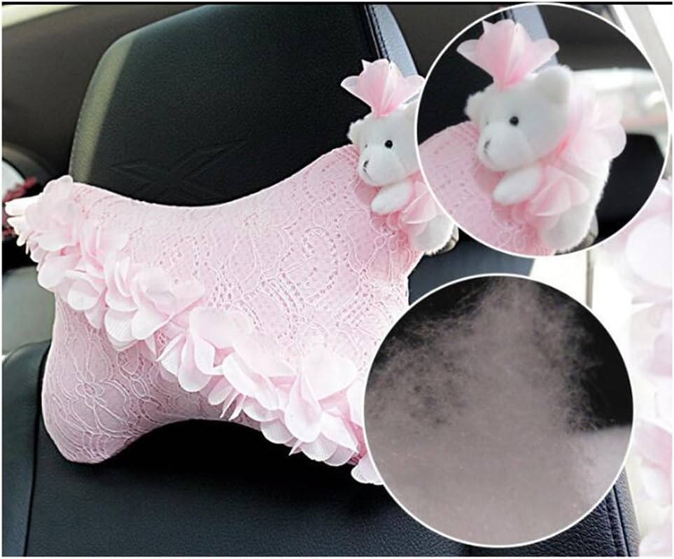 LuckySHD 2 Pcs Car Seat Neck Rest Pillow Pad Cushion with Pink Petal and Cute Bear Rest Cushion