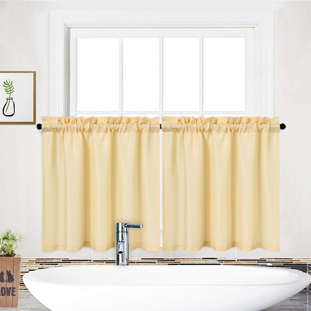 NANAN Waffle Woven Half Window Curtains for Bathroom Waterproof Kitchen Window Treatment Set - 30" x 30", Yellow, Set of 2