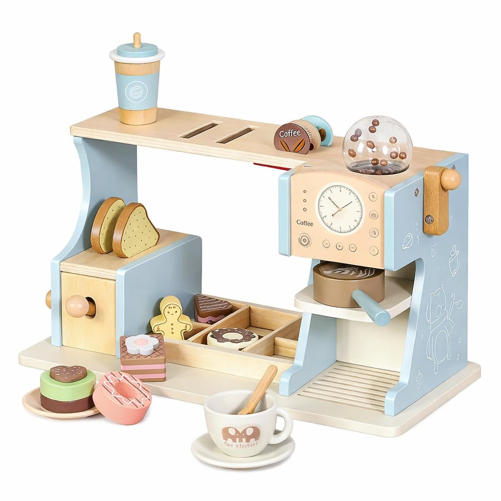 Wooden Coffee Machine Toy for Kids: Wooden Play Kitchen with Kitchen Accessories, Kids Role Play Toy Shop for 3-5 Year Old Boys & Girls (Style2)
