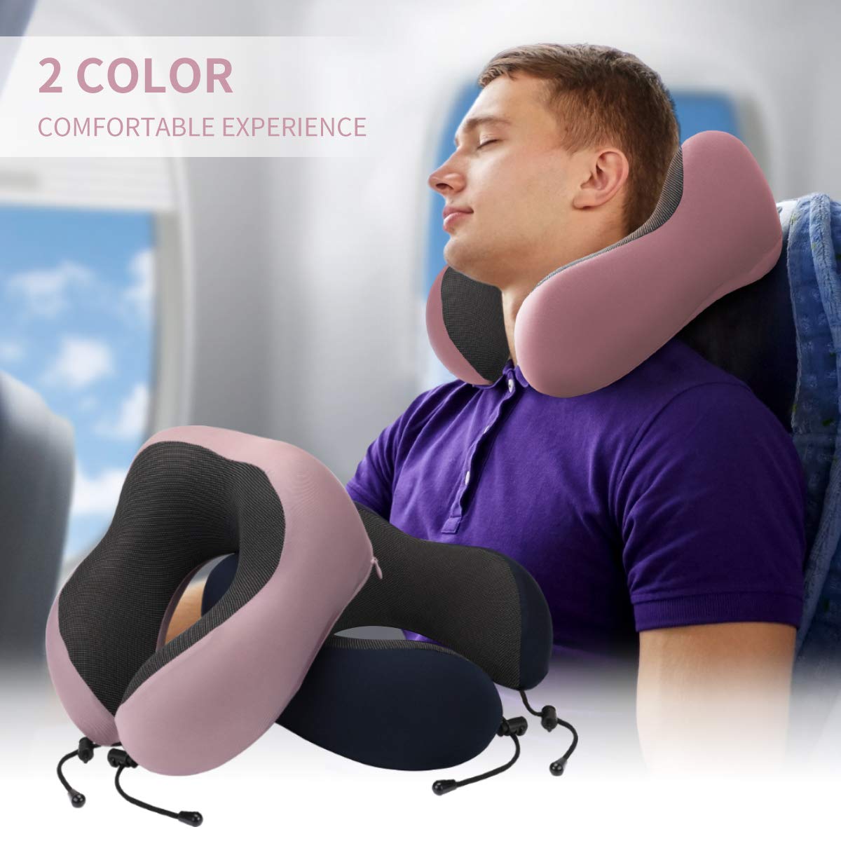 Travel Pillow 100% Pure Memory Foam Neck Pillow for Airplanes, Super Soft & Comfortable Pillow with Machine Washable Cover, Airplane Travel Kit with 3D Contoured Eye Masks, Earplugs and Reusable Bag