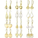 12 Pairs Gold Silver Heart Dangle Earrings Teardrop Earrings for Women Waterdrop Lightweight Circle Disc Coin Geometric Flat Brushed Drop Hypoallergenic Earrings Jewelry Gifts