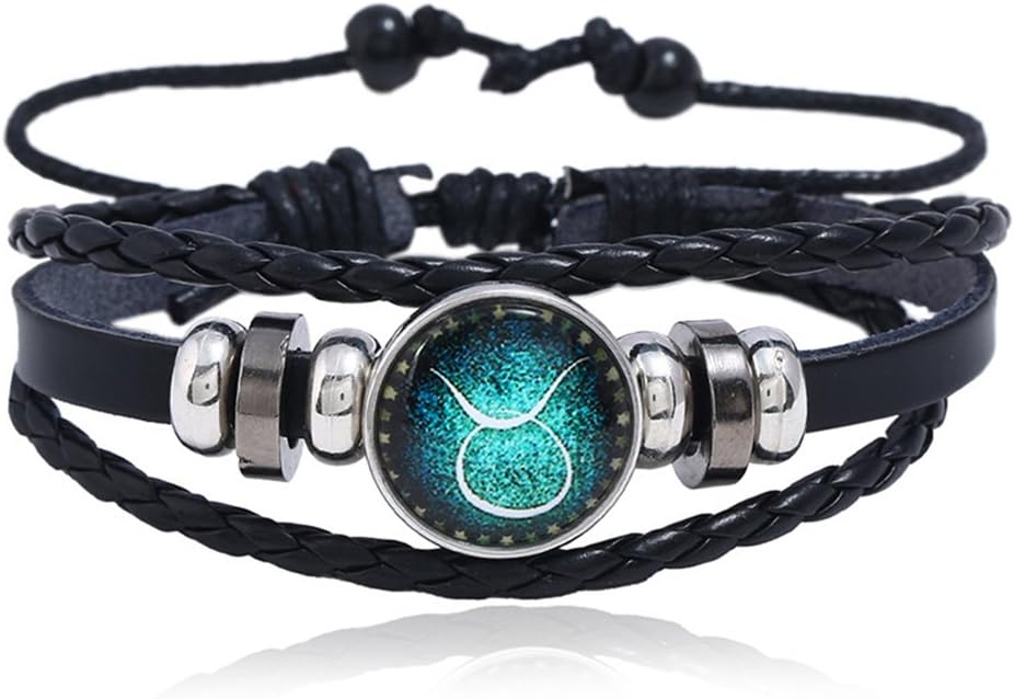 VEVICE 1PCS Retro Twelve Constellation Zodiac Sign Bracelet Braided Lmitation Leather Alloy Charm Bracelet Adjustable Multilayer Wristband Bangle Gifts for Men Women (Taurus)