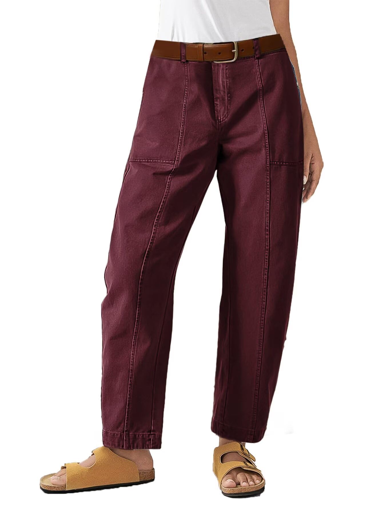 Photo 1 of Flamingals Women’s Mid Waist Carrot Straight Leg Pants Casual Fashion Trendy Stitch Detail Crop Pants Burgundy S