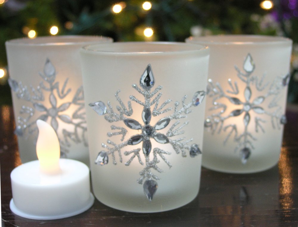 Snowflake Candleholders with Flameless Flickering LED Candles Set of 3 Frosted Glass
