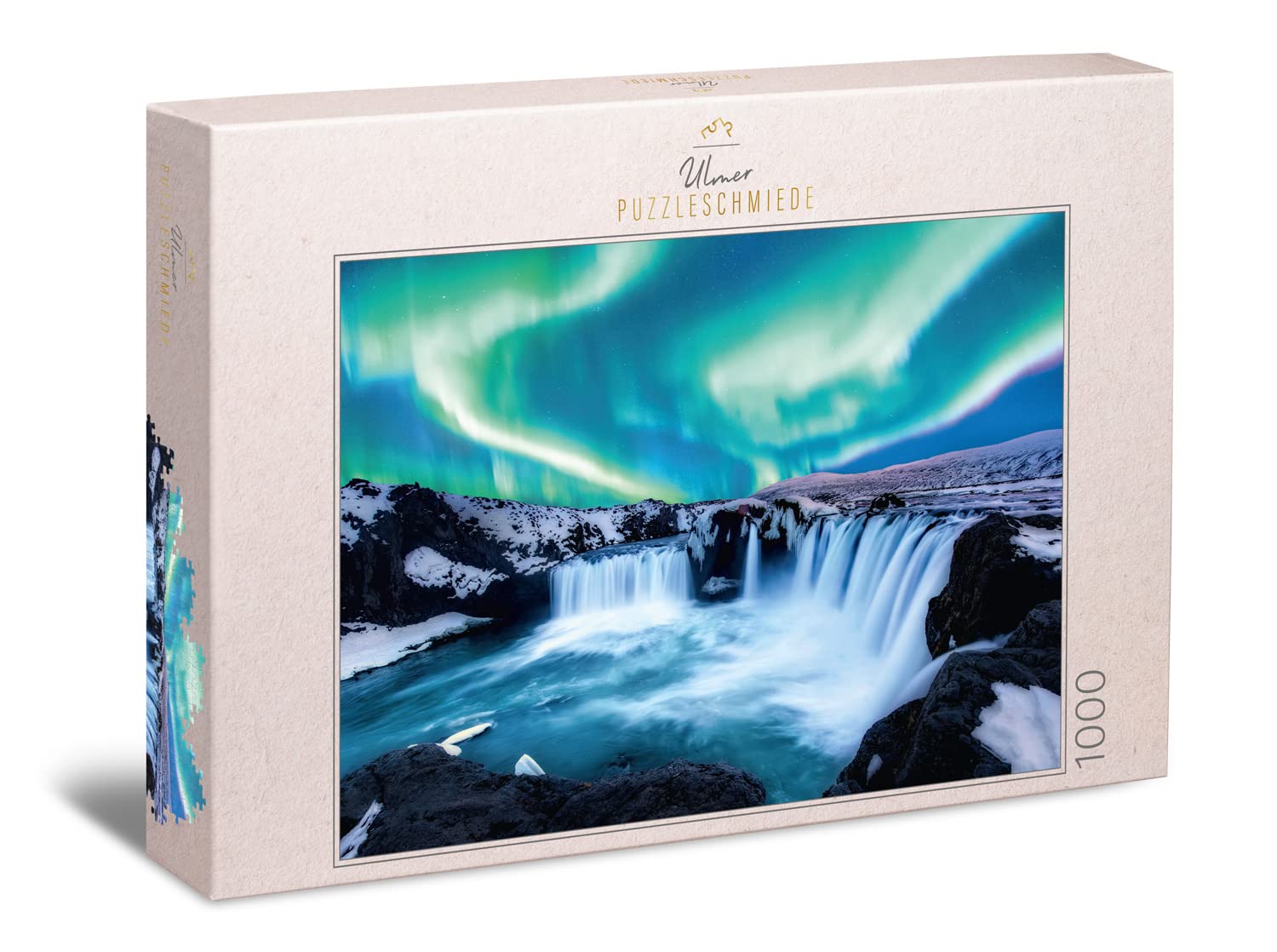 Ulmer Puzzleschmiede - Puzzle "The Northern Elements": Puzzle 1000 pieces - Godafoss waterfall in Iceland with Northern Lights in The Sky