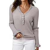 Pink Queen Women's V Neck Sweater Button Down Ruffle Trim Knitted Pullover Jumper Tops