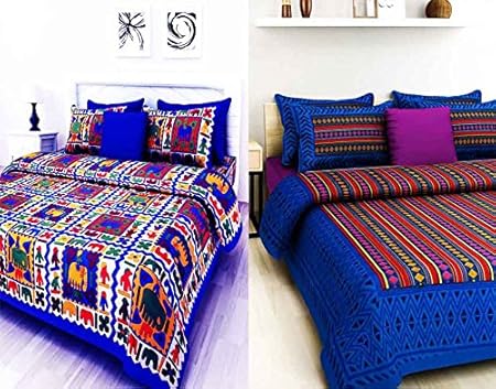 Bombay Spreads Rajasthani and Jaipuri Traditional 100% Cotton 2 Double Bedsheet Combo with 4 Pillow Cover Full, Blue
