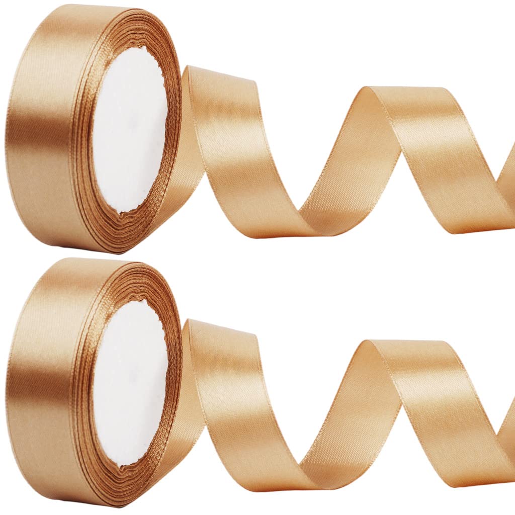 2 x 25mm Wide Gold Ribbon Thick Champagne Satin Ribbon 22m, 1 inch Thick Gold Ribbon for Gift Wrapping Wedding Car Christmas Tree Xmas Birthday Cake Hair Bow Florist Bouquet Crafts Decorations