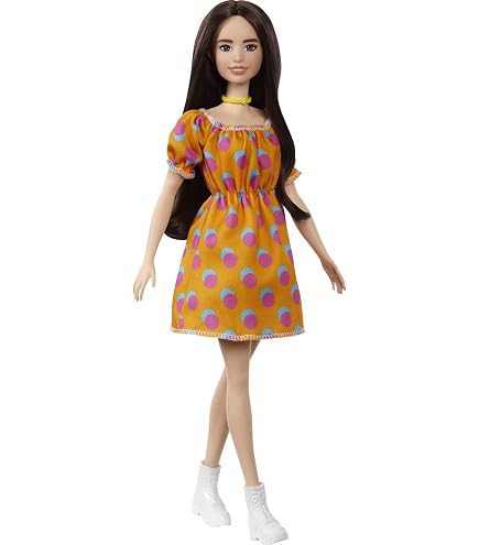 Amazon.com: Barbie Fashionistas Doll #140 with Long Brunette Hair Wearing  Mouse-Print Dress, Pink Booties & Sunglasses, Toy for Kids 3 to 8 Years Old  : Toys & Games