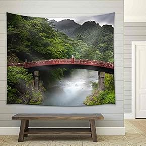 Red Sacred Bridge Shinkyo in Nikko, Japan and a Mist Rising from The River - Fabric Wall Tapestry Home Decor - 51x60 inches