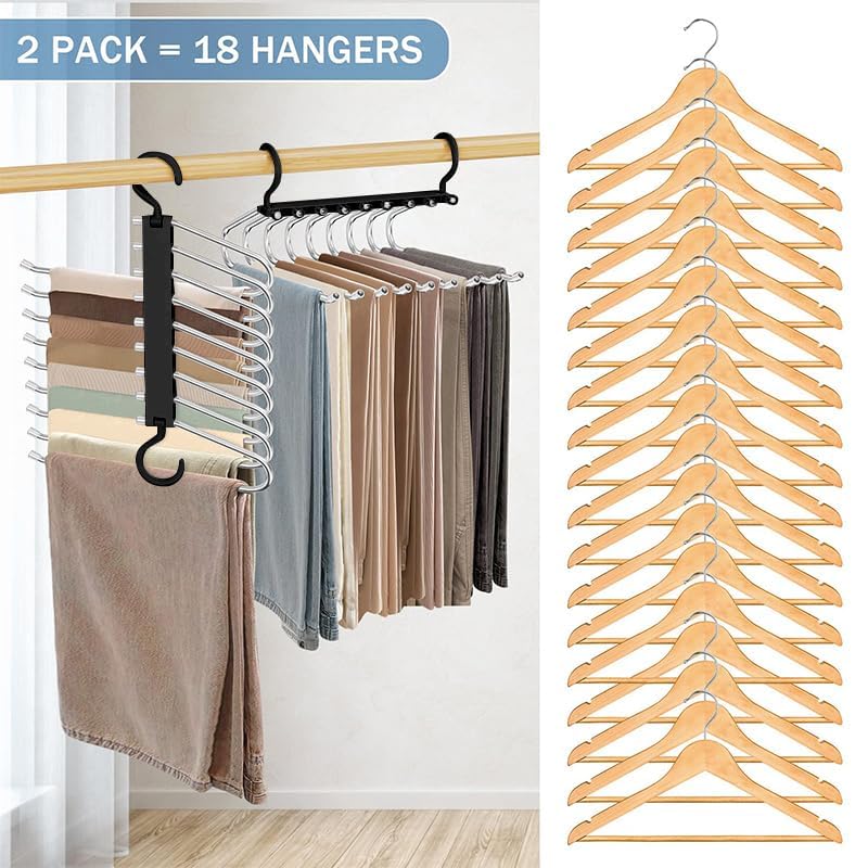 WEKIWGOT 9 in 1 Trouser Hangers, 2 Pieces Multifunctional Space Saving Rack Hanger for Organizing Closets, Trousers for Women and Men, Jeans, Bras, Scarves and Ties (Black)