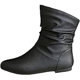 Women's Leather Slouchy Flat Ankle Boots Comfortable Round Toe Casual Pull On Booties Fall Winter Fashion Low Heel Short Boots