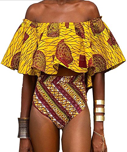 PiePieBuy Women's A-Line Ruffle Off the Shoulder Sexy Swimsuit Swimwear Bikini Bathing Suit (L, Yellow) - Thumbnail 7