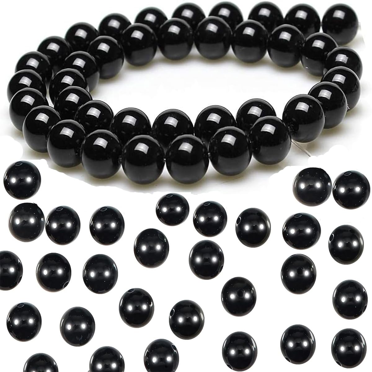 Black Beads,100 Pieces Black Glass Pearl Beads Gemstone Beads Round Smooth Spacer Beads with Holes for Bracelets Necklaces Jewellery Making(10mm)