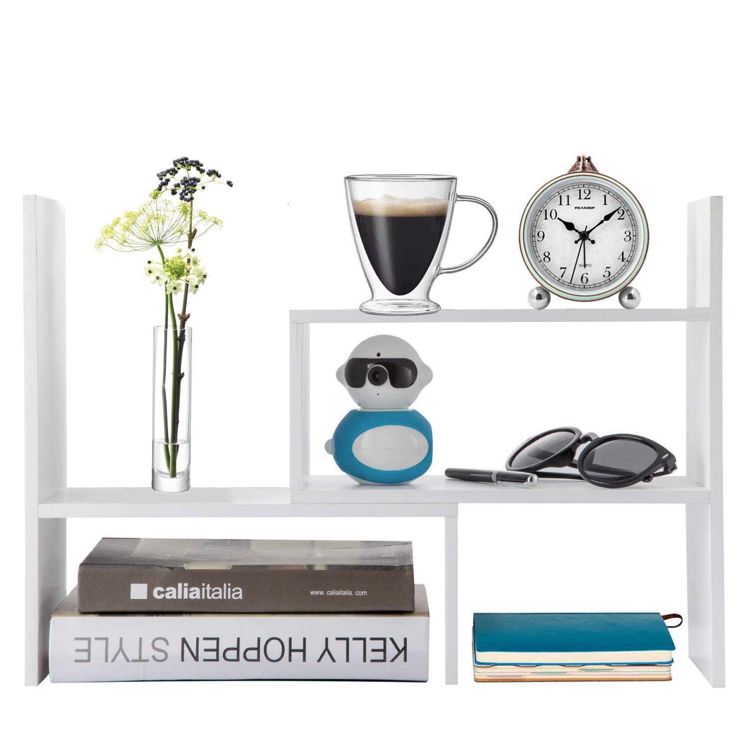 Home-Neat DIY Adjustable Desktop Bookshelf Assembled Countertop Bookcase Office Supplies Wood Desk Organizer Literature Display Rack, White