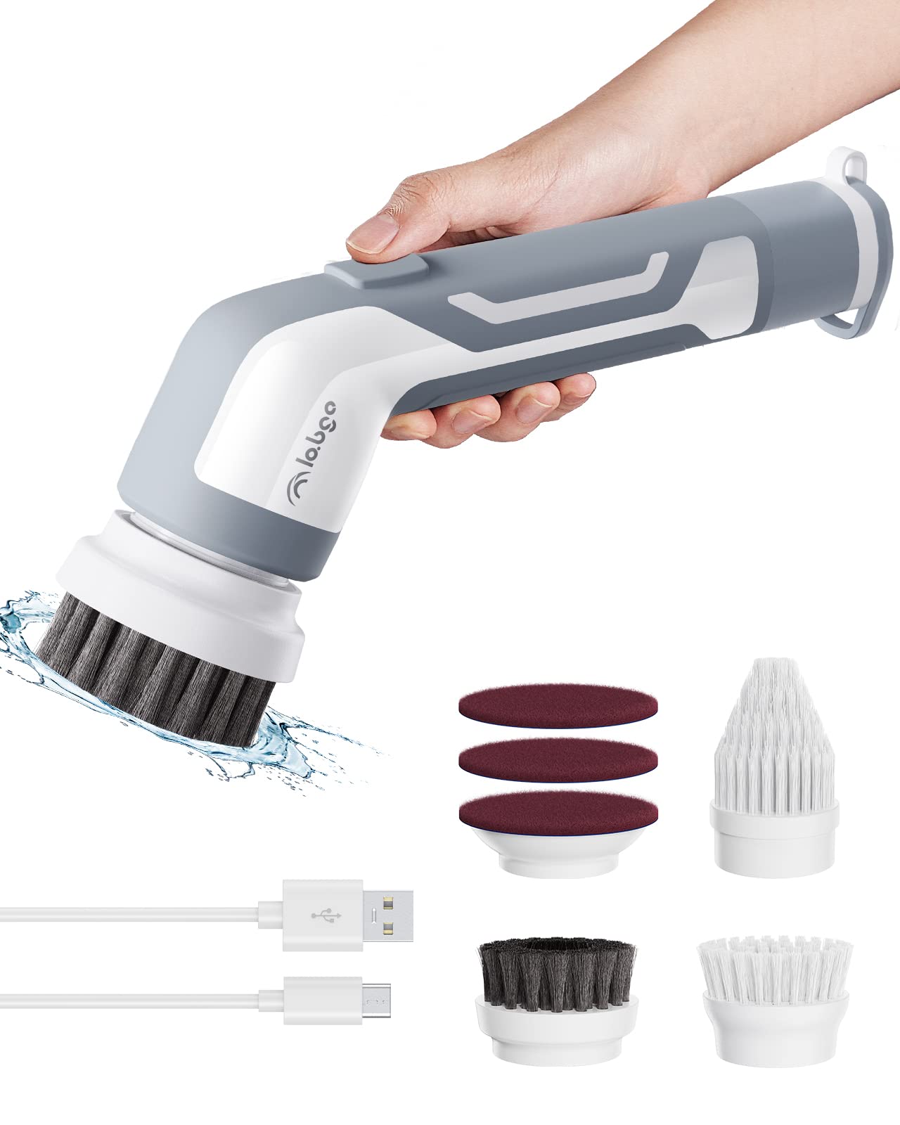 LABIGO Electric Spin Scrubber Bathroom Scrubber Shower Scrubber for Cleaning Tub Tile Floor Window Kitchen Sink, Power Scrubber Cordless Cleaning Brush with 5 Replaceable Brush Heads (GreyLA5)
