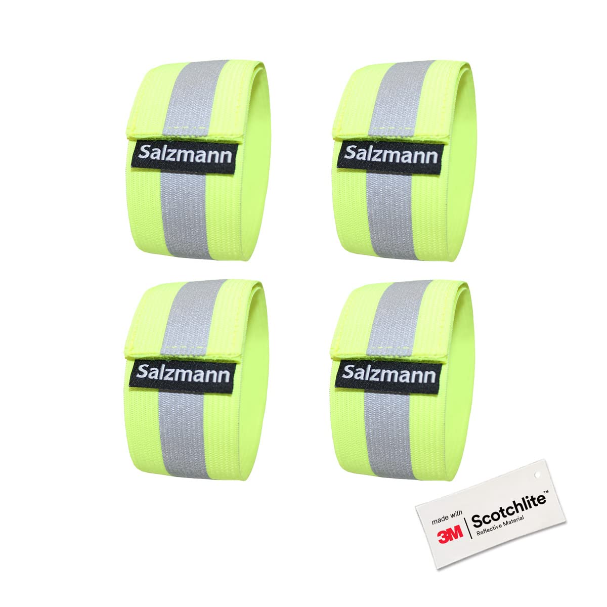 Salzmann Reflective Armbands | High Visibility Bands for Running, Cycling, Walking & Night Safety | Elastic, Adjustable | Made with 3M Scotchlite | Set of 4