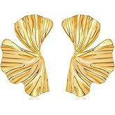 FAUTHENTICUTE Chunky Gold Statement Earrings For Women Gold Plated Sectored Flower Leaf Shell Angel Wing Earrings Trendy Boho Jewelry For Women Large Stud Earrings Hypoallergenic Earrings