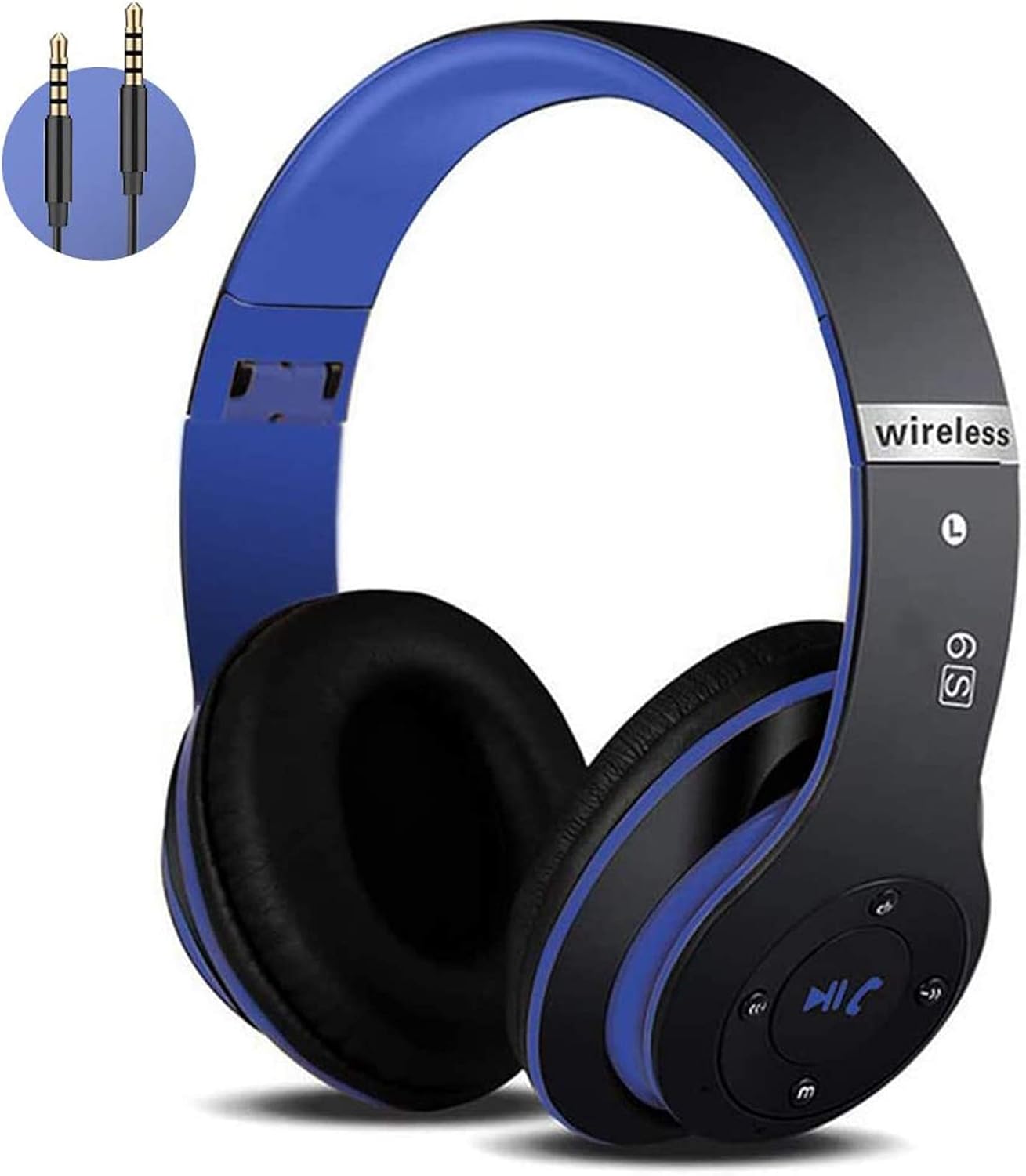 Auriculares Cerrados Inalámbricos 6S, Alta fidelidad Estéreo Auriculares Estéreo Inalámbricos Plegables, Micrófono Incorporado, Micro SD/TF, FM (para iPhone/Samsung/iPad/PC) (Negro y Azul)