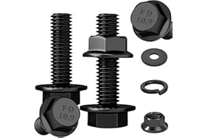 Ruibapa 5 Sets M10-1.5 x 35mm Flanged Hex Head Bolts,Flange Nuts,Flat & Lock Washers,10.9 Black Zinc Plated,Full Thread,Alloy Steel