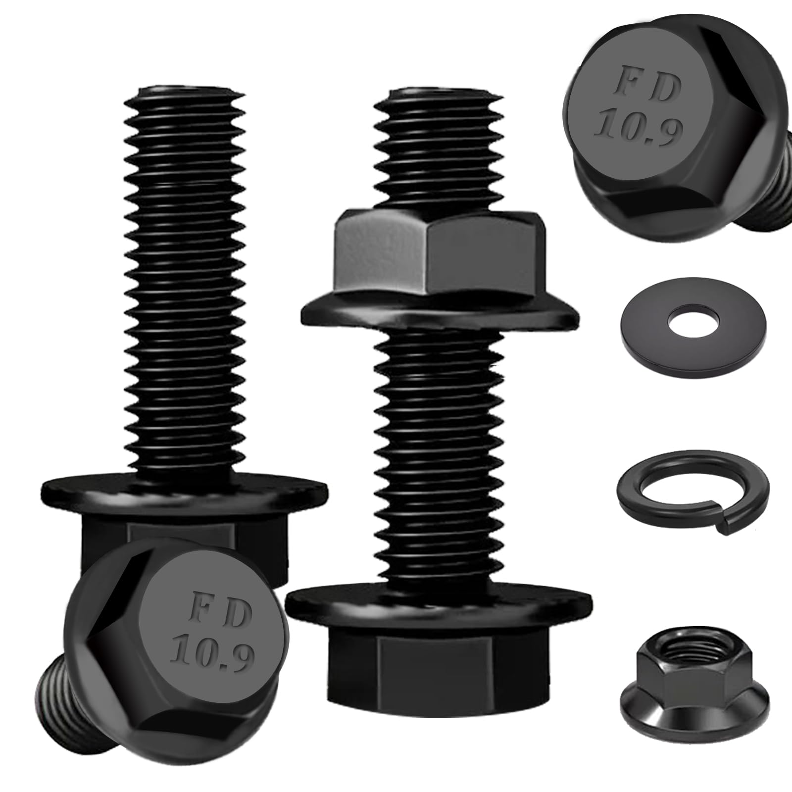 Photo 1 of Ruibapa 5 Sets M10-1.5 x 35mm Flanged Hex Head Bolts,Flange Nuts,Flat & Lock Washers,10.9 Black Zinc Plated,Full Thread,Alloy Steel