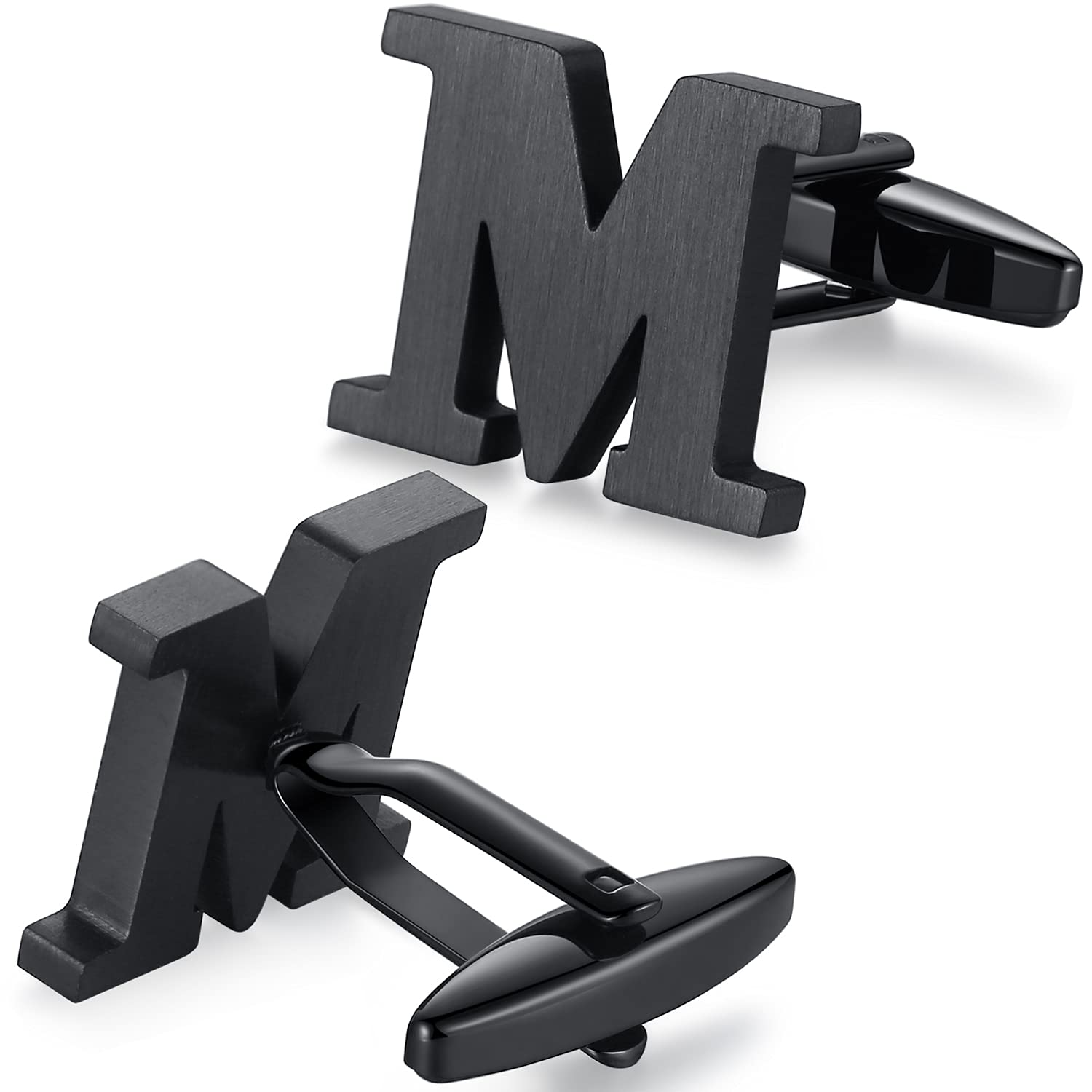 HONEY BEAR Mens Initial Alphabet Letter Cufflinks,Stainless Steel for Wedding Formal Business Gift (M-Black)