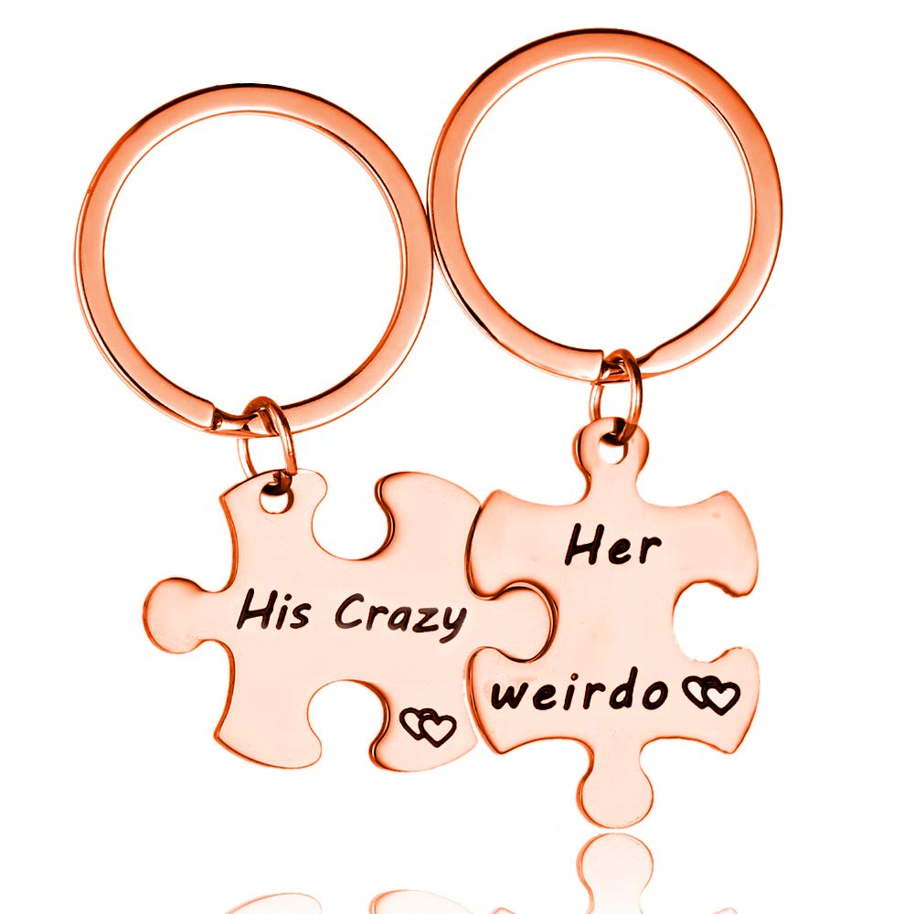 Uloveido Couple Key Chain Ring Set Puzzles - Her Weirdo His Crazy - Valentine Couples Gift Stainless Steel (Rose Gold, Her Weirdo His Crazy) SN136 โ image 1