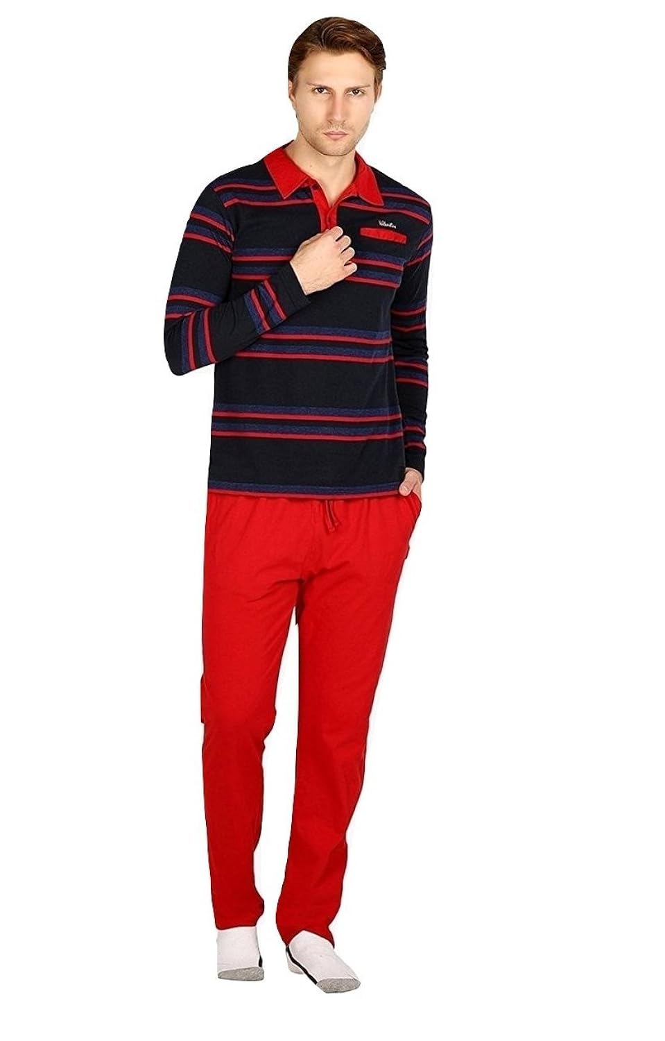 nightwear for men - night suit - tshirt & pyjama combo set - sinker material - red & blue color - full sleeves - branded valentine men's night wear - sizes