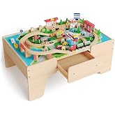 Garvee 84Piece Wooden Train Table w/Tracks and Drawer | Ages 3+
