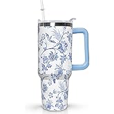 Ceovfoi 40 Oz Boho Flower Tumbler With Handle, Boho Floral Coffee Travel Mug Cup Water Bottle, Floral Gifts for Women