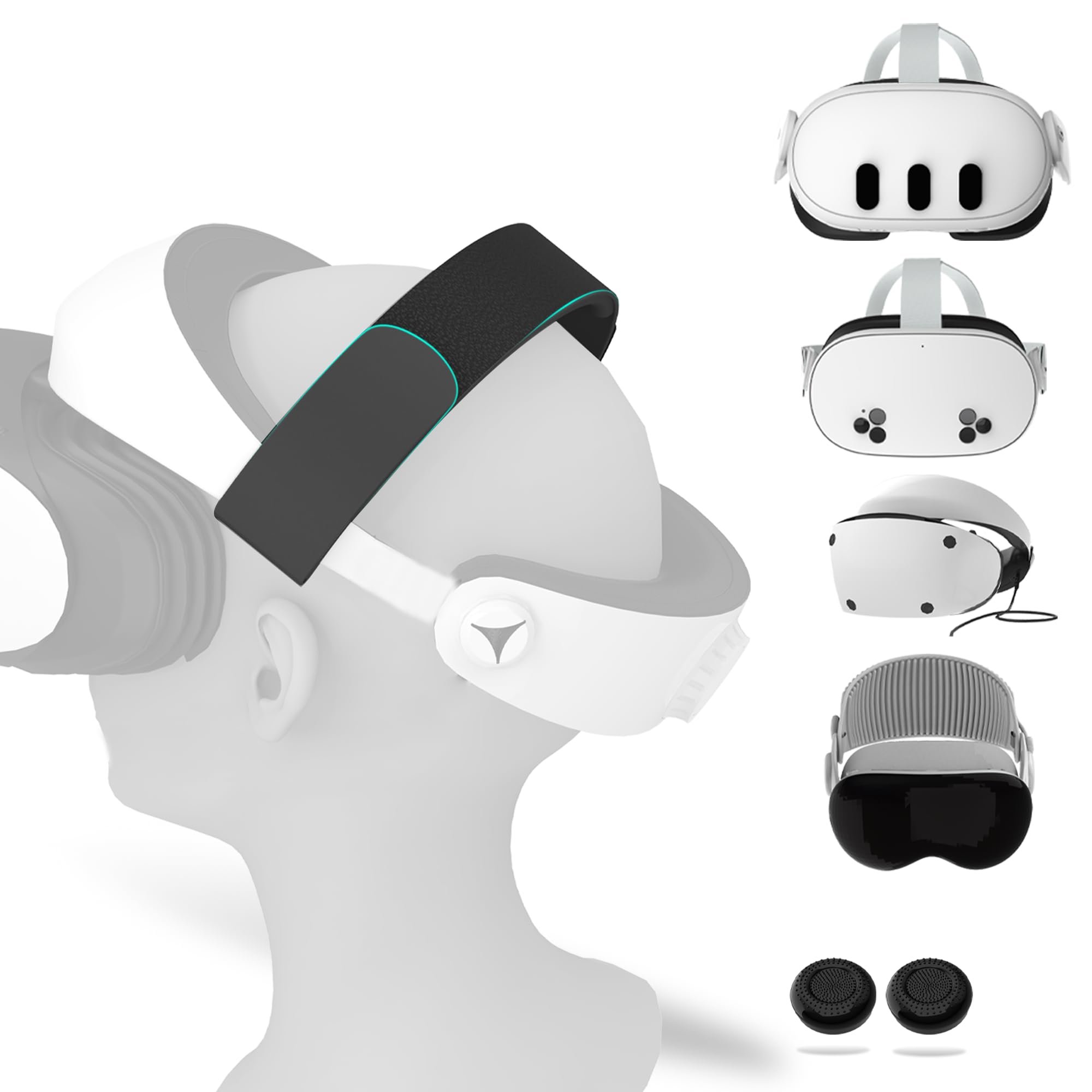 Adjustable PU Comfort Strap & Thumbstick Covers Compatible with PS VR 2/Vision Pro/Quest 3 Lightweight, Pressure-Relieving Headband for Balanced Weight Distribution & Long Play Sessions