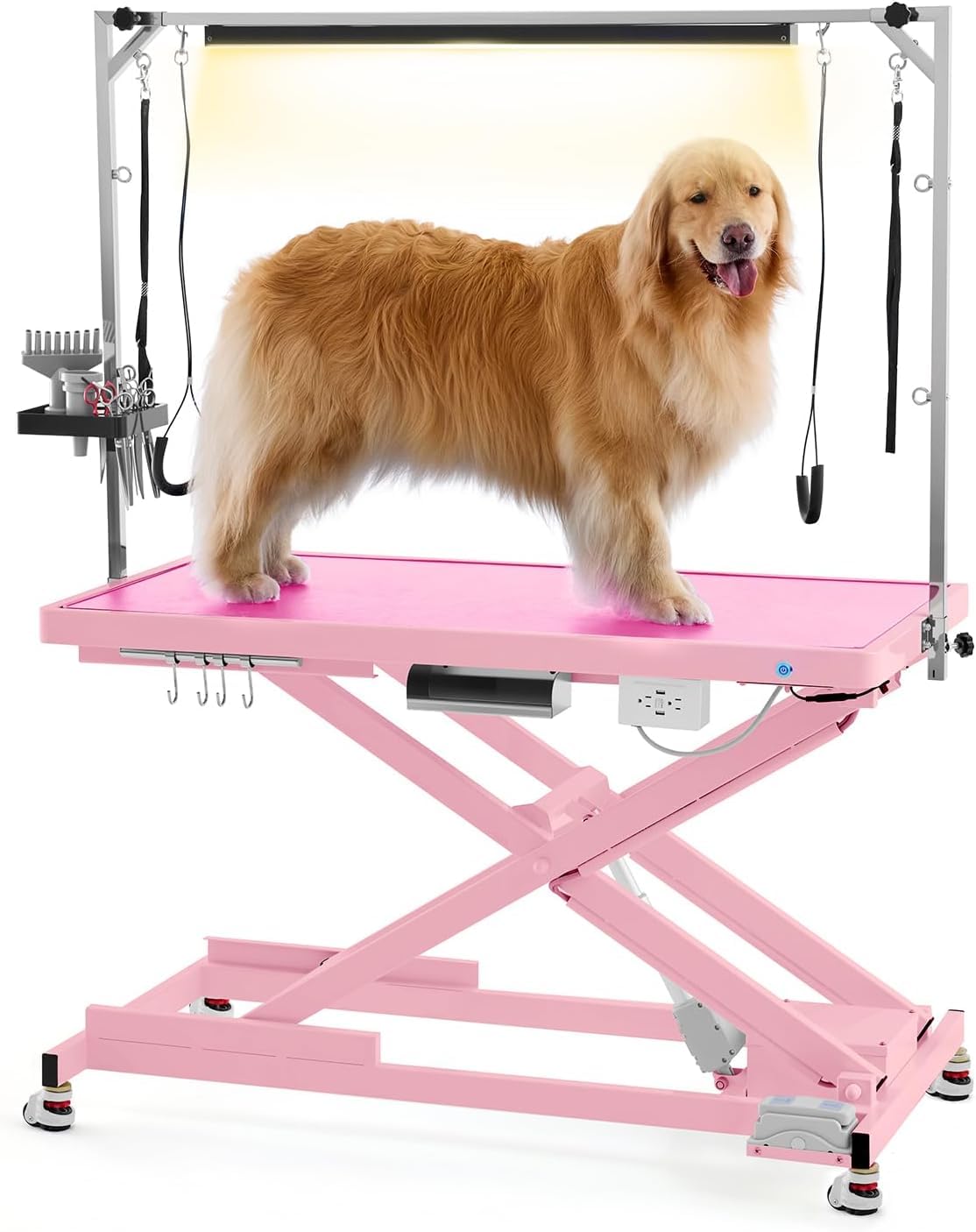 Photo 1 of ***FACTORY SEALED***(open for inspection) POLIMO LED Professional Electric Dog Grooming Table - 50" Heavy Duty Dog Grooming Station with LED, Button & Foot Control, Leveling Wheels, Grooming Arm, Anti-Slip Top & Tool Organizer (50", Pink)