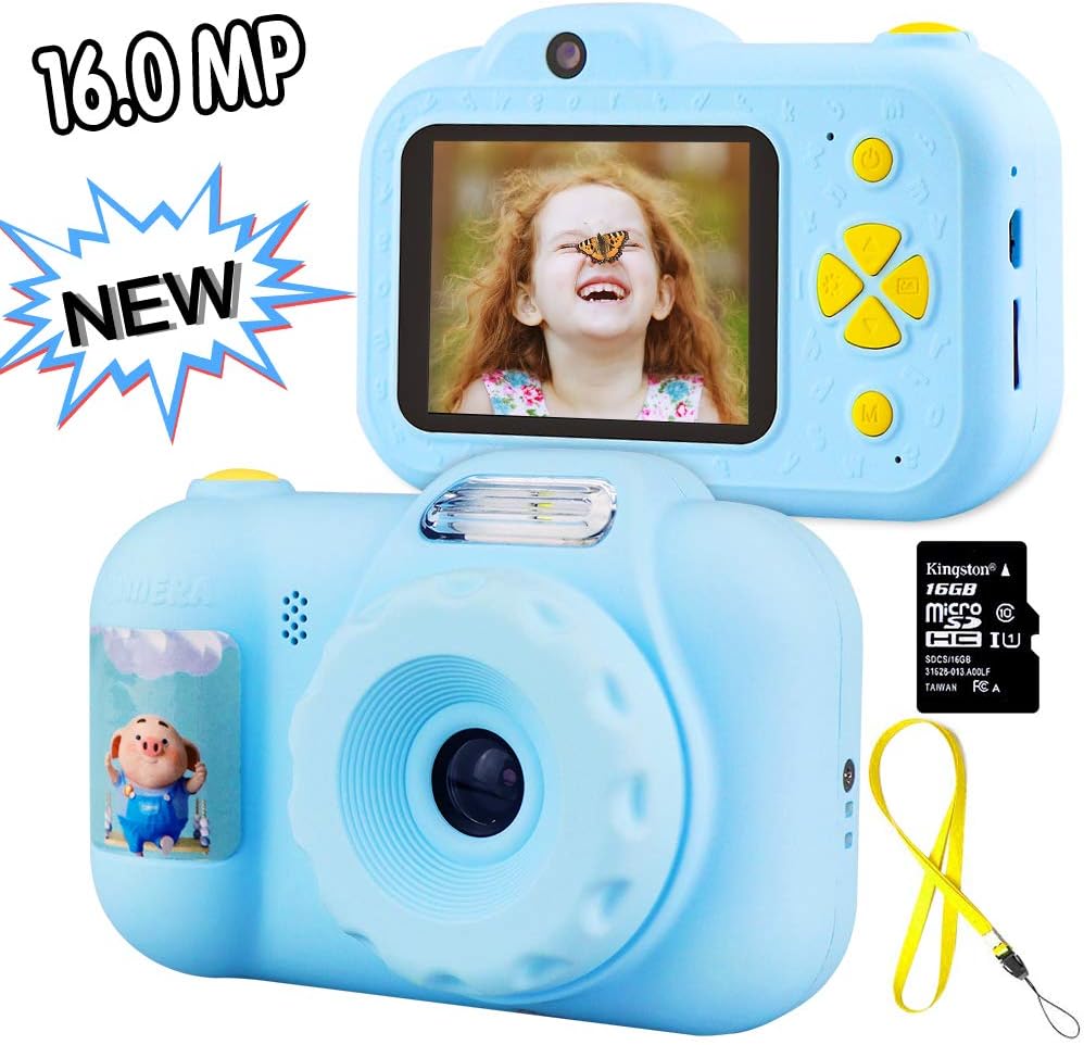 K KUMEED Kids Selfie Camera, 16.0MP Digital Dual Camera Rechargeable with 2.4 Inch IPS Screen,16GB SD Card Included, Birthday Gifts for Boys Girls Age 3-12 (Blue)