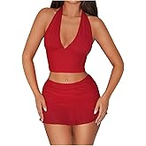 RoseSeek Women's 2 Piece Outfits Backless Crop Halter Tops and Bodycon Mesh Layered Skirt Going Out Set
