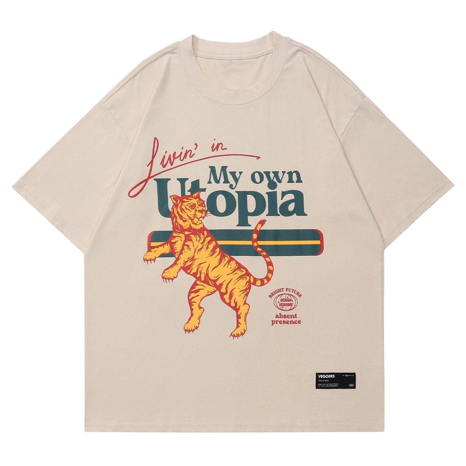 Photo 1 of Aelfric Eden Mens Oversized T Shirts Tees Tiger Graphic Tee Print Cotton Tops Streetwear Casual Shirt Apricot
