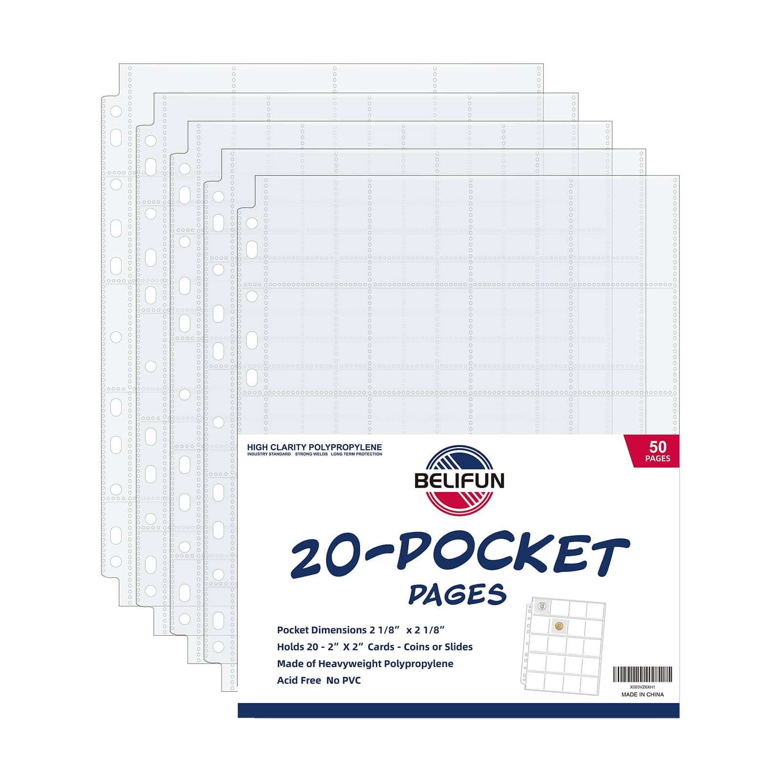 Photo 1 of 50ct 20-Pocket Coin Pages - Coin Pocket Pages for 2 x 2 Inch Cardboard Coin Holders, 11 Holes for Coin Binder, Coin Collecting Album Protectors, Coin Collection Storage