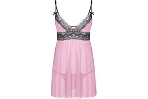 LiiYii Mens Sissy Lingerie Chemise Mesh Sheer Lace Lace Trim Vest Tops Nightdress Sleepwear