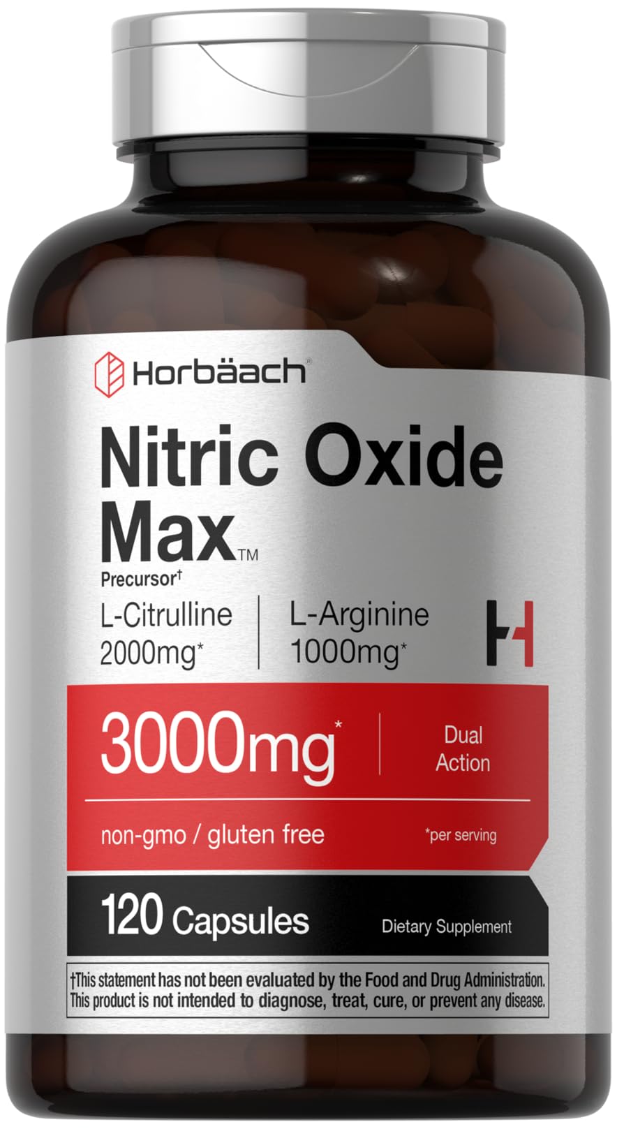 Horbäach Nitric Oxide Supplement | 3000mg | 120 Capsules | Pre Workout with L Arginine and L Citrulline for Men and Women | Non-GMO, Gluten Free Formula