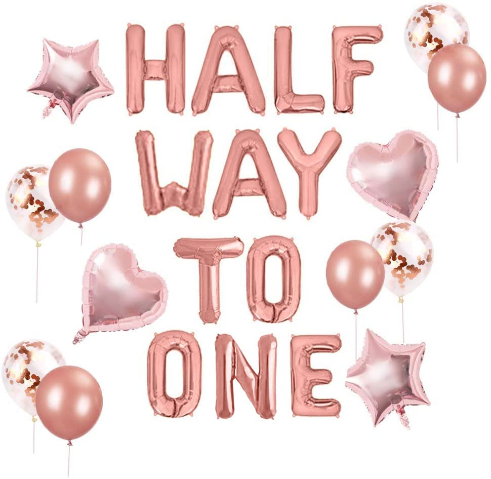Photo 1 of JeVenis Rose Gold Half Way To One Banner Half Way To One Balloons Decorations for Girl 1/2 Birthday Decorations