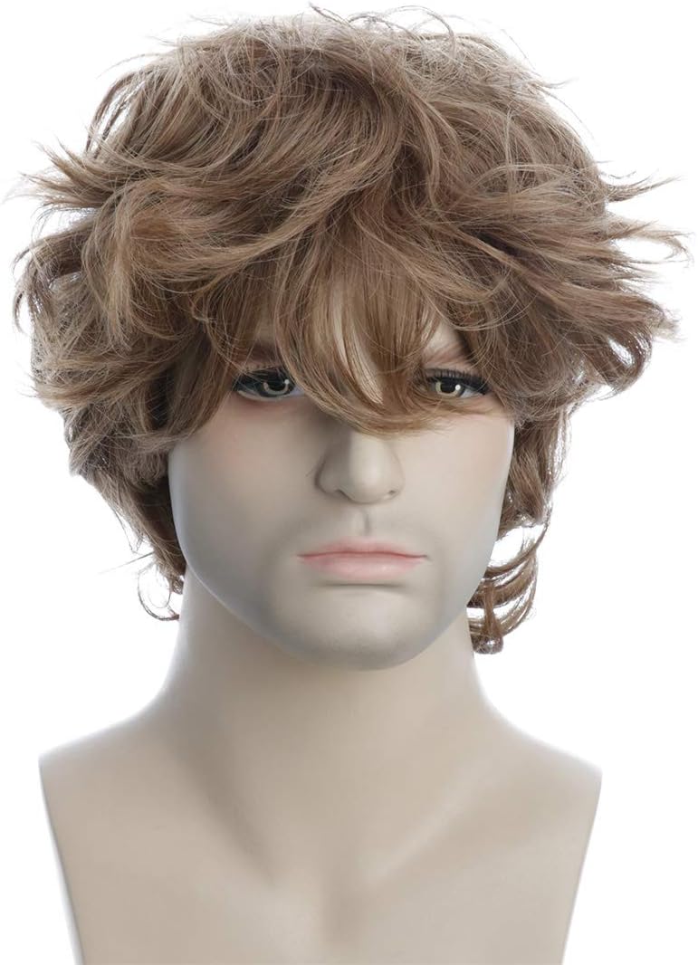 Karlery Male Mens Short Curly Fluffy Brown Wig with Bang Halloween Cosplay Wig