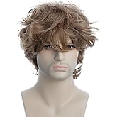 karlery Male Mens Short Curly Fluffy Brown Wig with Bang Halloween Cosplay Wig