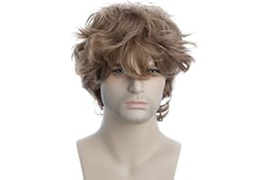 karlery Male Mens Short Curly Fluffy Brown Wig with Bang Halloween Cosplay Wig