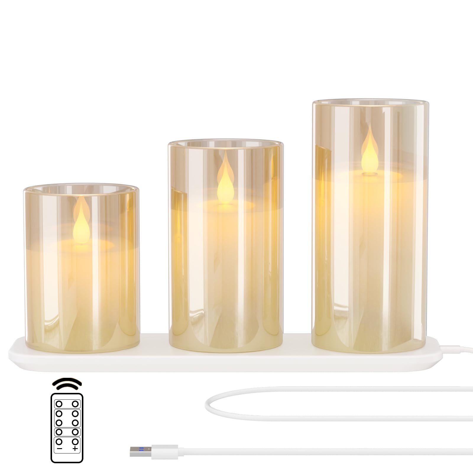 EXTSUD Rechargeable Flameless Candle, Set of 3 Flickering Glass LED Candles with Charging Base and Remote Control, Tea Lights with Timer Function for Festival Wedding Party Decoration