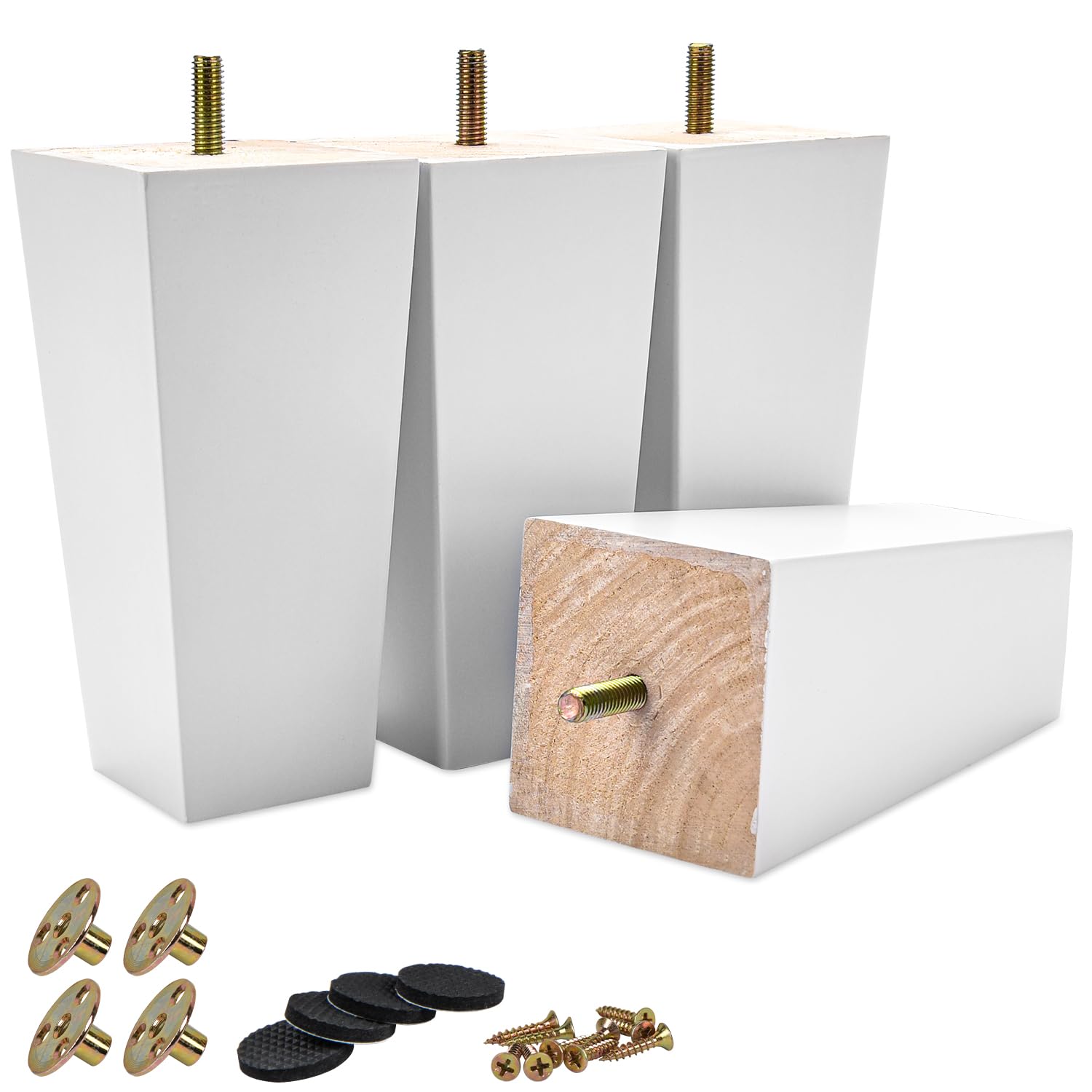 TCHOSUZ 4 Inch / 10cm Wooden Furniture Legs, Set of 4 Solid Wood Mid-Century Modern Pyramid Replacement Feet, Square Sofa Legs with M8 Bolts & Anti-Slip Pads for Sofa Ottoman Table Dresser White