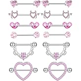 TIANCI FBYJS 6 Pairs Nipple Rings Stainless Steel Heart Butterfly Moon Flower CZ Stud Barbell Tongue Rings Set Cute Nipplerings Piercing Jewelry for Women Pink Tone