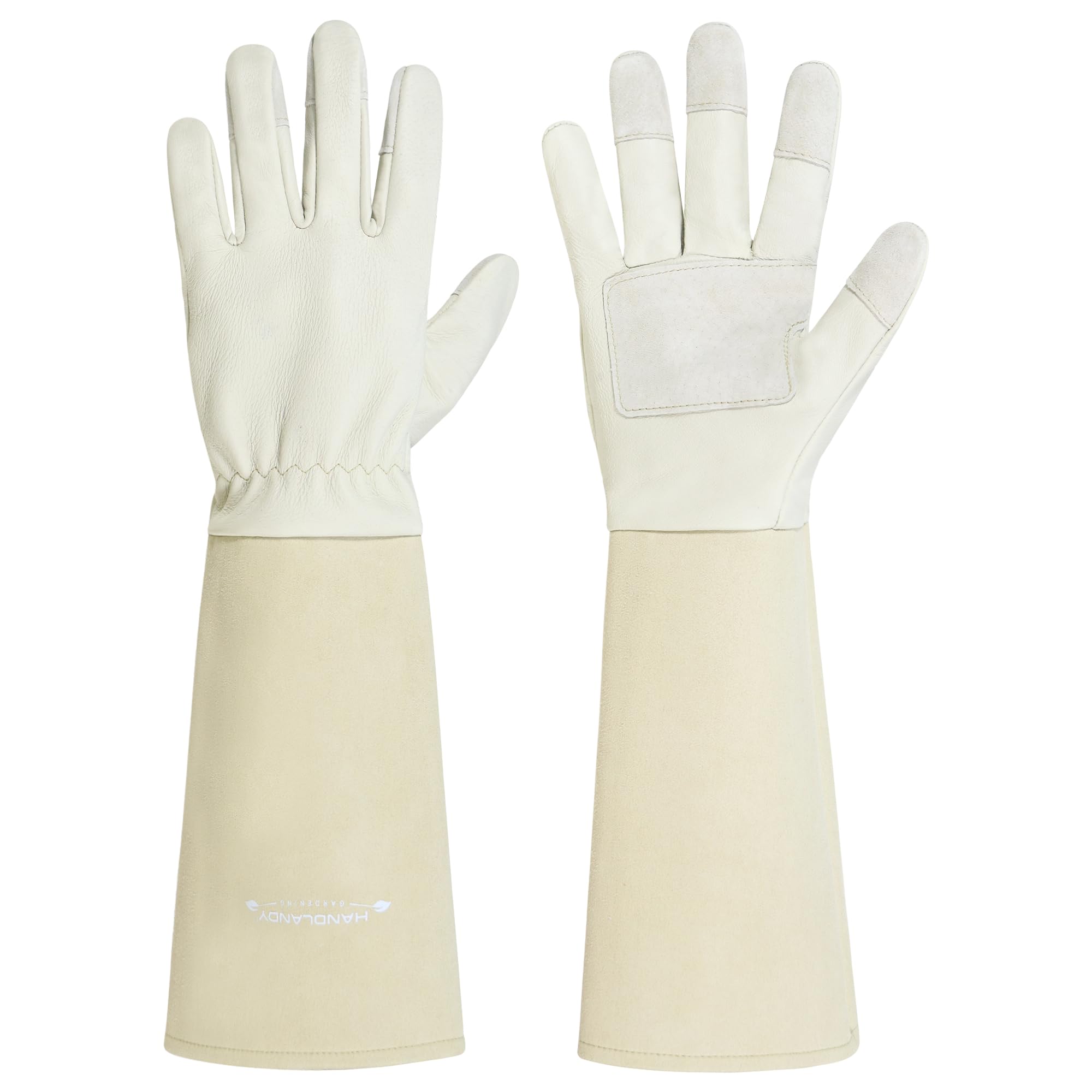HANDLANDY Gardening Gloves for Men Women, Thorn Proof Rose Pruning Leather Long Sleeve Garden Yard Gauntlet, Best Gardener Gift (Beige, S)